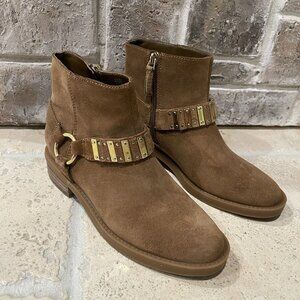 Nine West Tan‎ Suede Buckle Gold Accent Ankle Leather Boots Women's Size 6.5 M